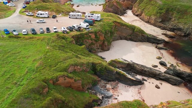 Aerial view of Playa de Santa Comba beach with turquoise sea in Galicia Spain
