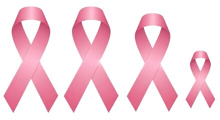 Four pink ribbons of varying sizes isolated on white background