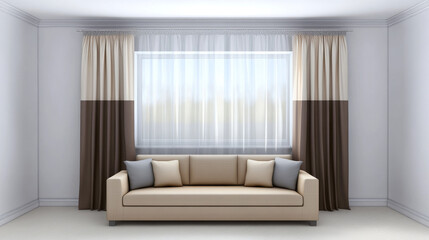 Minimalist living room interior featuring a comfortable sofa. The balanced composition creates a calm, inviting atmosphere.