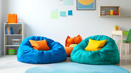 Vibrant and inviting children's playroom with colorful bean bag chairs. A cozy and fun space for kids to relax and learn.