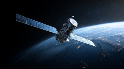 A sleek high-tech artificial satellite orbits Earth in deep space, symbolizing communication, innovation, and the advancement of modern aerospace technology.