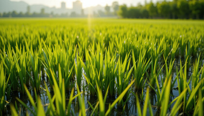 Obraz premium Lush green rice paddies bathed in the warm glow of the setting sun