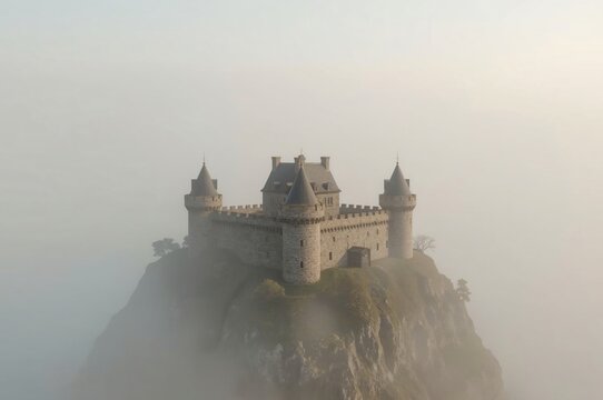 Misty mountaintop castle aerial view