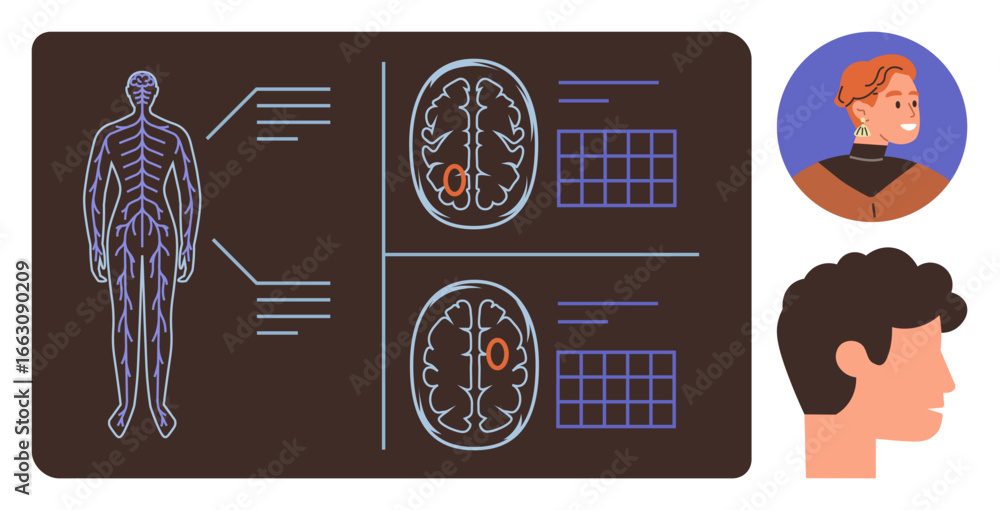 Poster human anatomy visualization paired with brain function analysis, detailed neural mapping charts, and