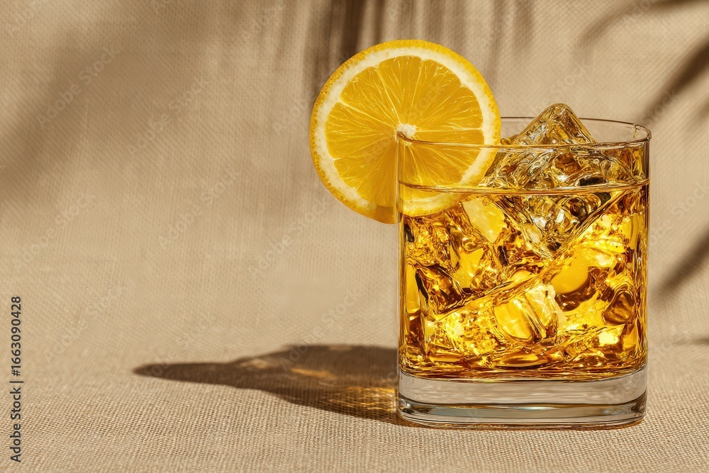 Poster refreshing golden cocktail with ice cubes and a lemon slice adjacent to a neutral textured backgroun