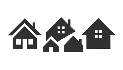 A cluster of stylized dark gray house icons with varying rooflines and window designs arranged on a black background