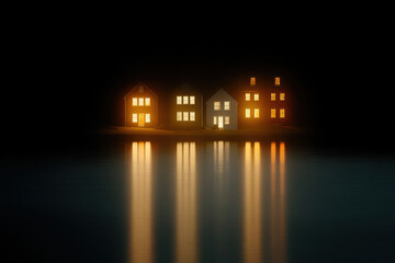 at night illuminated of homes cast warm golden light that glimmers softly in rain puddles