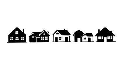 A row of simple house outlines in white against a black background representing a neighborhood or community concept