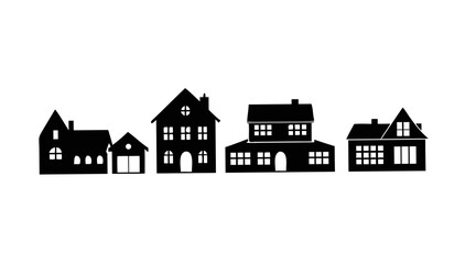 A minimalist black and white line art illustration of a row of identical houses with a single white line accentuating one of them