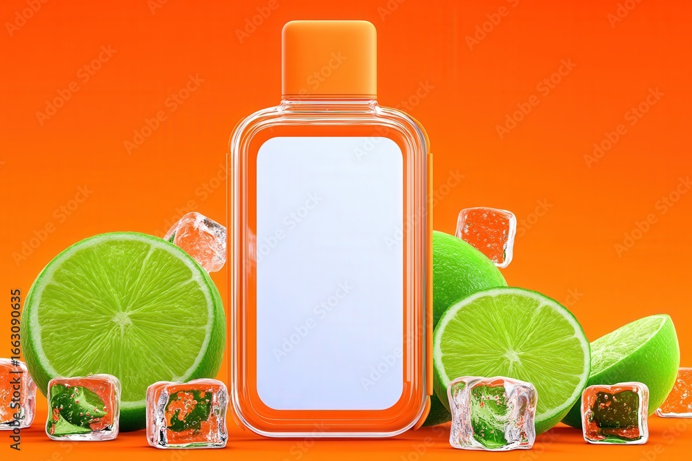 Poster bright and refreshing beverage concept with a transparent bottle surrounded by limes and colorful ic