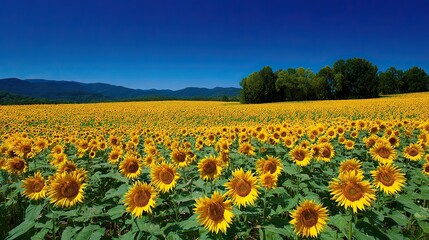 Obraz premium Large expanses of sunflowers blooming, and the flat backdrop creates an endless sea of flowers, capturing the beauty of nature, perfect for artistic or photographic backgrounds.