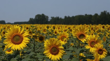 Obraz premium Large expanses of sunflowers blooming, and the flat backdrop creates an endless sea of flowers, capturing the beauty of nature, perfect for artistic or photographic backgrounds.