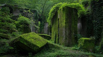 Obraz premium An ancient abandoned quarry with gigantic stone blocks, weathered surfaces, and historical remnants, creating a mysterious, rugged, and archaeological atmosphere.
