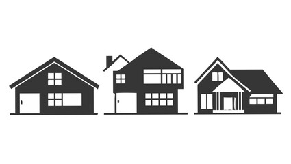 Simple graphic illustration of three distinct residential houses in silhouette against a black background