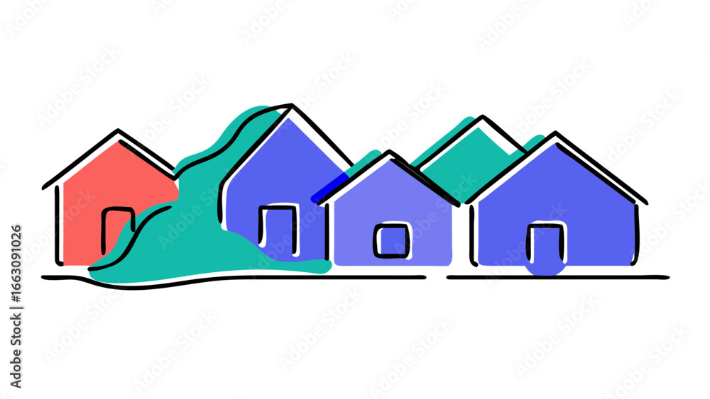 Aufkleber abstract colorful row of simple house shapes with wavy lines in between against a black background