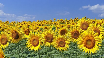 Fototapeta premium Large expanses of sunflowers blooming, and the flat backdrop creates an endless sea of flowers, capturing the beauty of nature, perfect for artistic or photographic backgrounds.