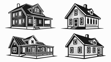 Collection of four distinct black and white stylized illustrations of traditional american houses