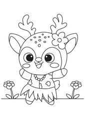 Coloring book deer wearing necklace and flower on head.