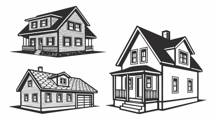 Collection of three black and white line art illustrations of traditional american style houses with porches and garages