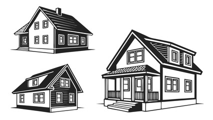 Collection of three black and white vector illustrations of traditional american houses with detailed architectural elements and windows