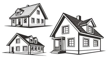 Fototapeta premium Collection of three detailed black and white line art illustrations of traditional residential houses with dormer windows and chimneys