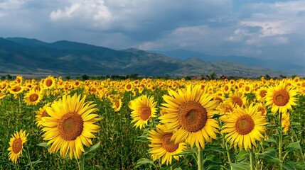 Fototapeta premium Large expanses of sunflowers blooming, and the flat backdrop creates an endless sea of flowers, capturing the beauty of nature, perfect for artistic or photographic backgrounds.