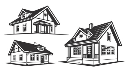 Collection of three distinct black and white architectural illustrations of residential houses with varying rooflines and porch designs