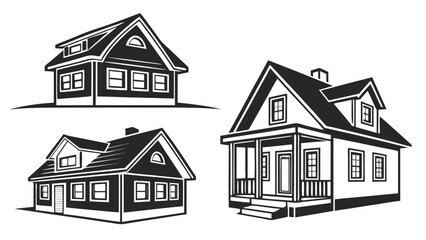 Collection of three distinct black and white vector illustrations of residential houses with varying architectural styles and features