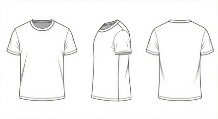 Blank white T-shirt template vector illustration. Detailed technical fashion sketch of a classic short sleeve tee from front, side, and back views. Perfect apparel mockup for design