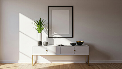 Modern minimalist interior: white console table, black frame, sunlit room, stylish decor.