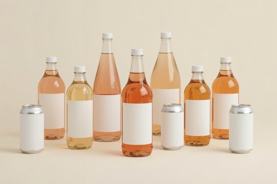 Mockup Bottles, cans, beige background, blank labels, beverage product