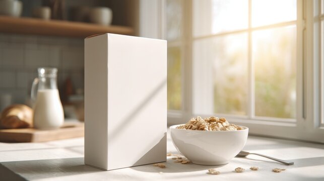 Blank Cereal Box in a Bright Kitchen