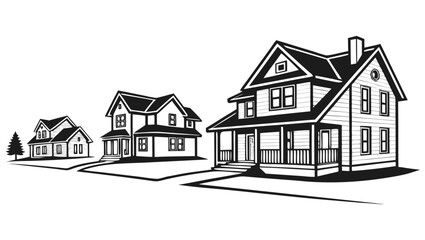 Three distinct black and white stylized houses of varying sizes arranged in a row on a white background