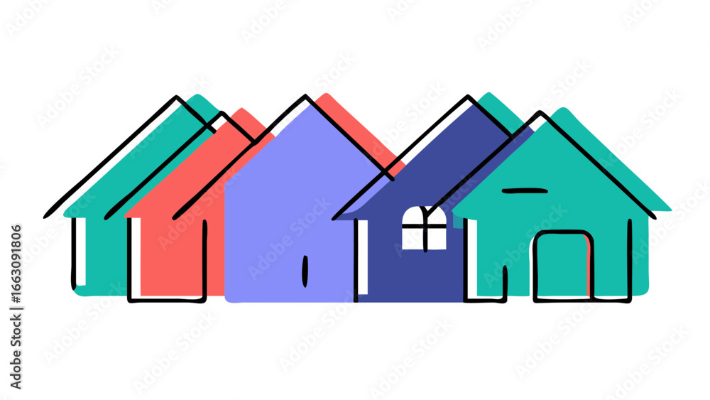 Poster a row of stylized colorful houses with simple geometric shapes and outlines against a black backgrou