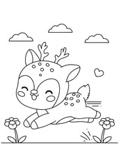 Coloring book deer running joyfully in meadow.