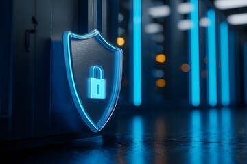 A glowing blue shield icon with a padlock symbol is displayed in front of a data center, representing digital protection and cybersecurity. 