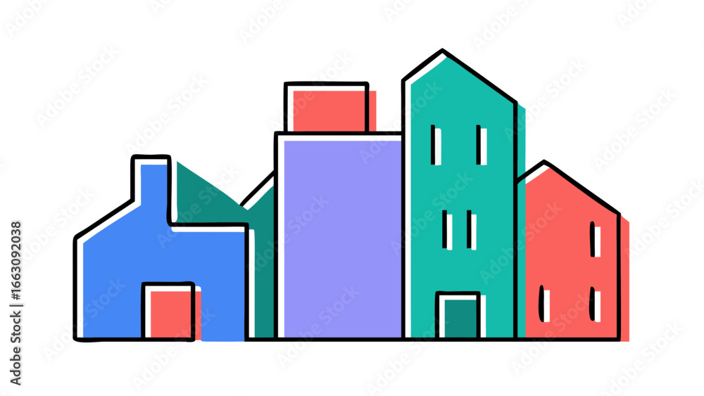 Poster colorful abstract geometric buildings with a modern minimalist style and a black background creating