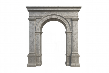 Stone architectural arch featuring ornate pillars, isolated against transparent background, suitable for design rendering and historical modeling