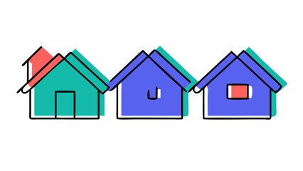 Simple cartoon illustration of three colorful houses with peaked roofs and minimal features against a black background