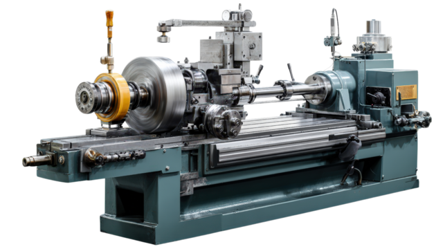 Lathe machine in a workshop background isolated on a Transparent background, PNG file.