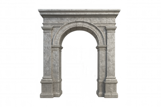 Stone architectural arch featuring ornate pillars, isolated against transparent background, suitable for design rendering and historical modeling