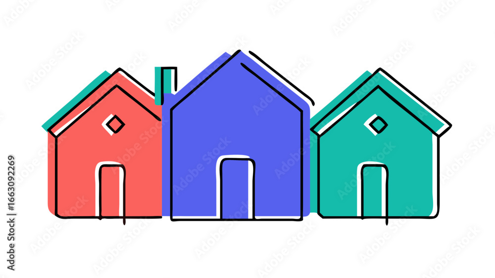 Aufkleber three stylized colorful houses in a row with a simple design and black background representing commu