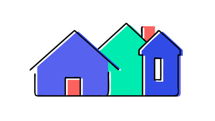 Stylized illustration of three simple colorful houses with black outlines on a black background representing community or real estate concepts