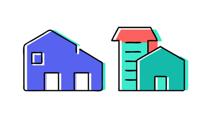 Stylized illustration of three colorful houses with simple geometric shapes and a black background representing a minimalist urban or suburban neighborhood