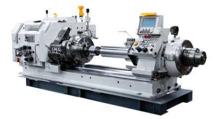 Lathe machine in a workshop background isolated on a Transparent background, PNG file.