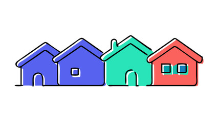 A row of four simple colorful hand drawn houses in purple teal and coral with black outlines on a black background