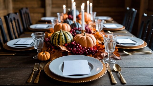 Elegant thanksgiving table setting with pumpkins, candles, and autumn foliage