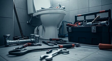 An assortment of professional plumbing tools on a tiled bathroom floor, ready for toilet installation or emergency repair service