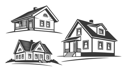 Collection of three distinct architectural house illustrations in a classic black and white vector style
