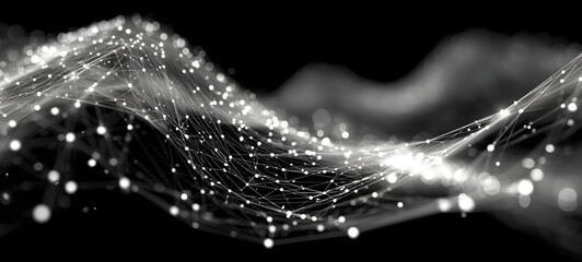 Abstract wave. Interweaving of dots and lines on a black background. Big data. 3D rendering.